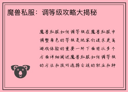 魔兽私服：调等级攻略大揭秘